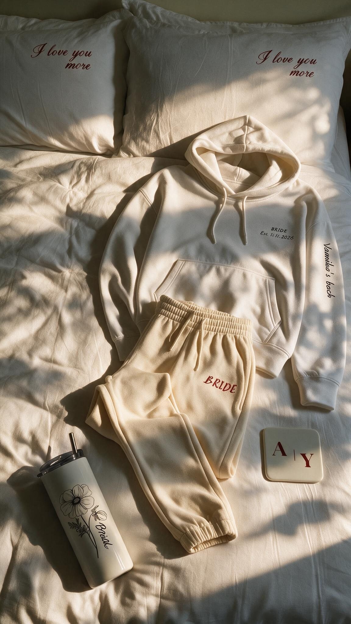 Heirloom Hoodie and Off Duty Sweatpants laid on a white bed